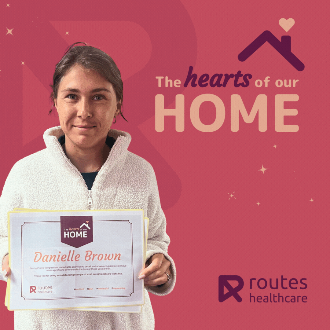 Routes Healthcare Blackpool Hub team members celebrating around Danielle Brown during her surprise Hearts of our HOME award presentation